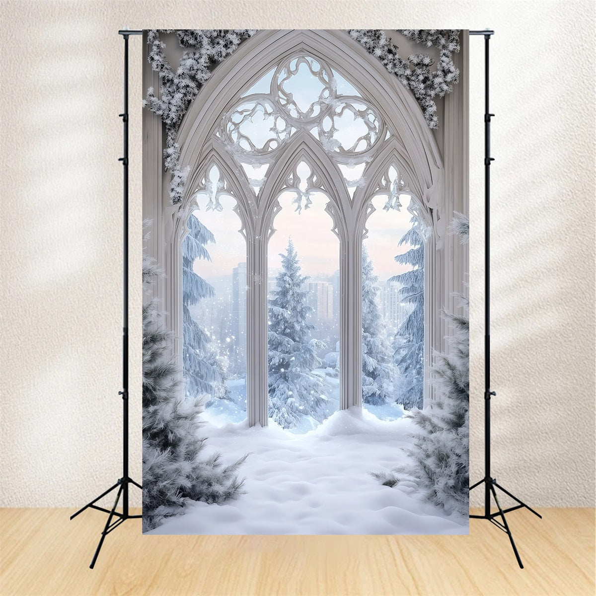 Décor De Neige De Noël Fenêtre Gothique Dépolie Décor Photo De Noël RR68-71