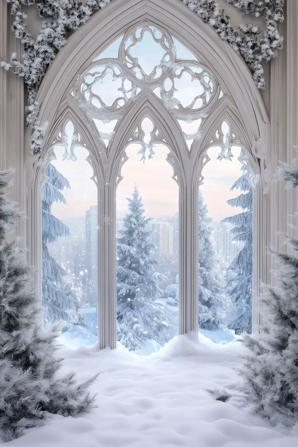 Décor De Neige De Noël Fenêtre Gothique Dépolie Décor Photo De Noël RR68-71
