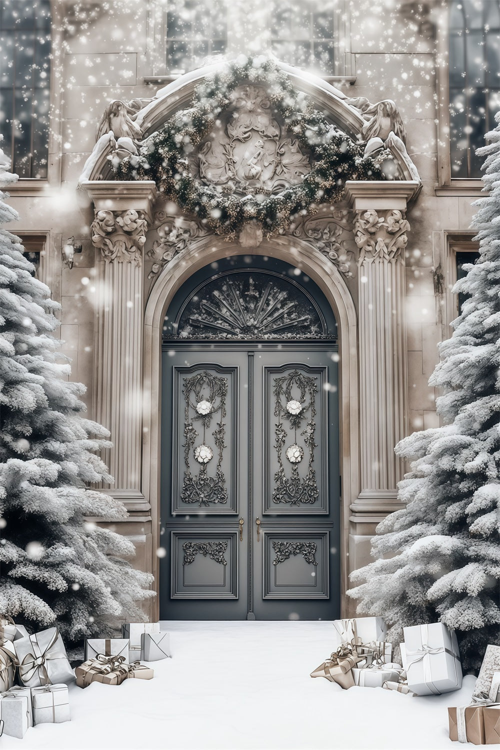 Décor De Noël Élégant Porte Du Manoir Enneigé Décors Photo De Noël RR68-77