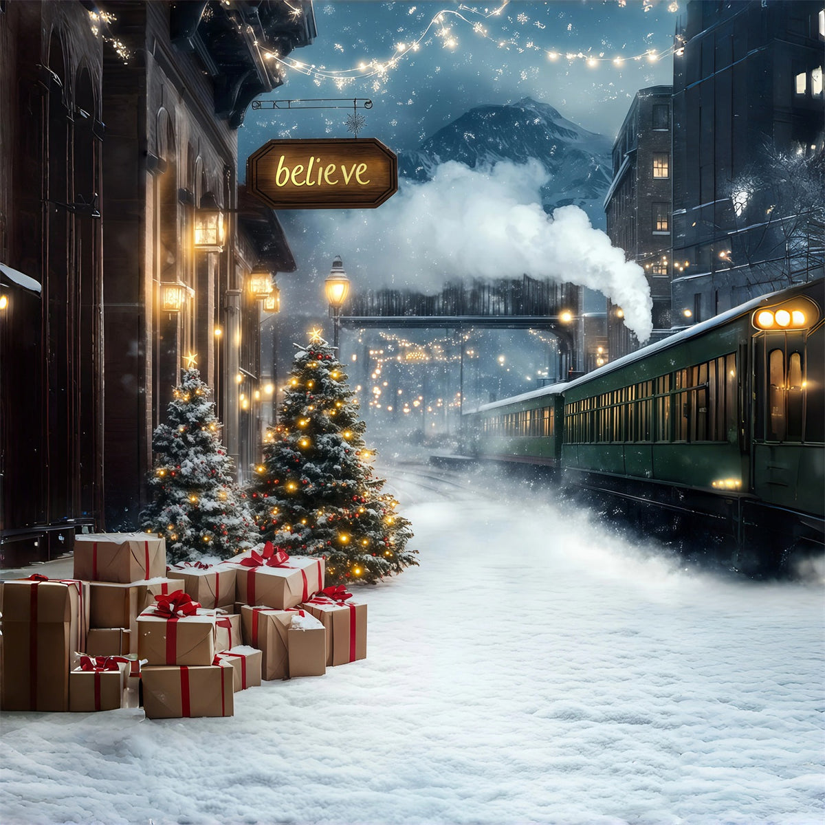 Décor De Noël D'Hiver Gare Ferroviaire De Montagne Idées De Décors De Noël RR68-78