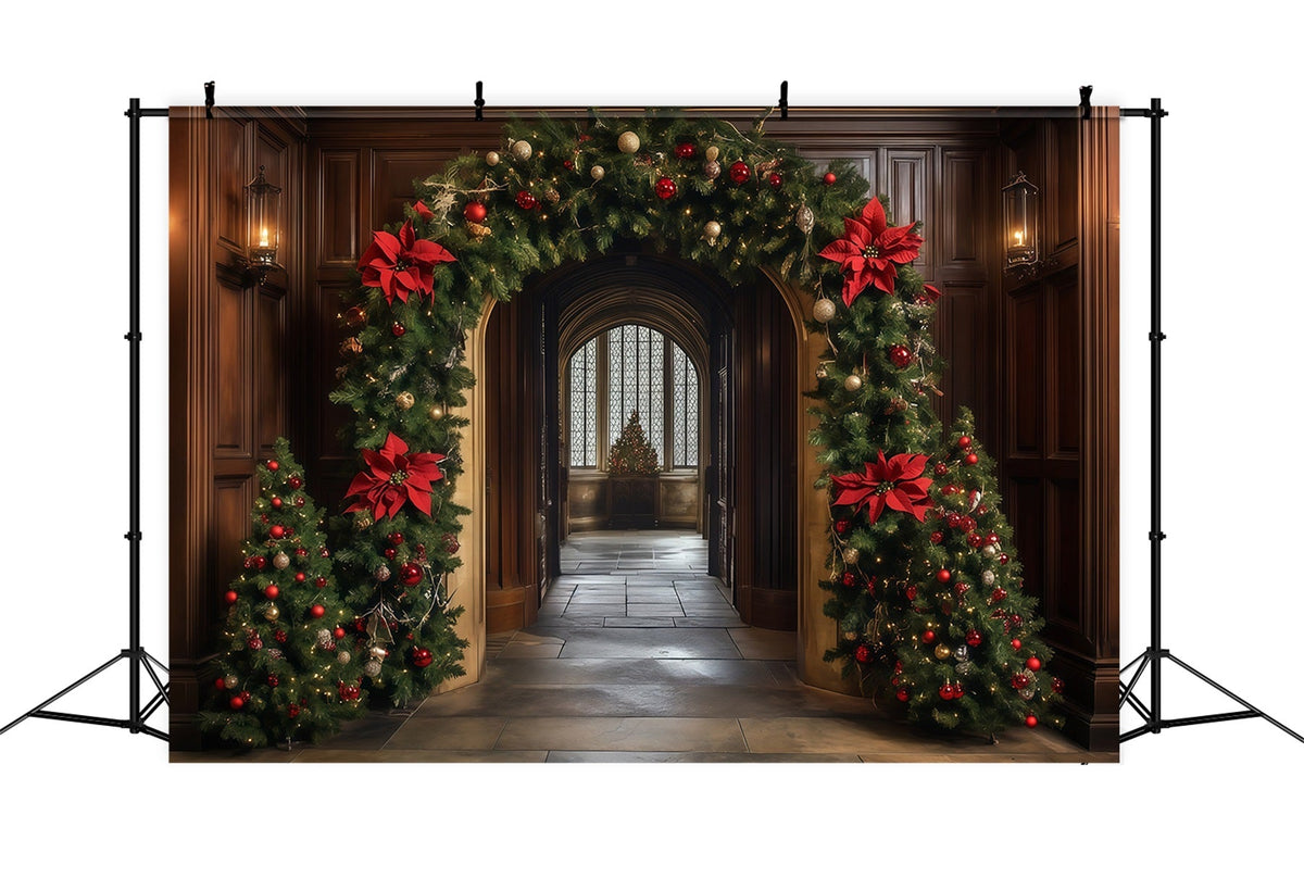 Arche De Noël En Toile De Fond Arche De Couloir Ornée D'Une Guirlande De Poinsettias Fond Mural De Noël RR68-93