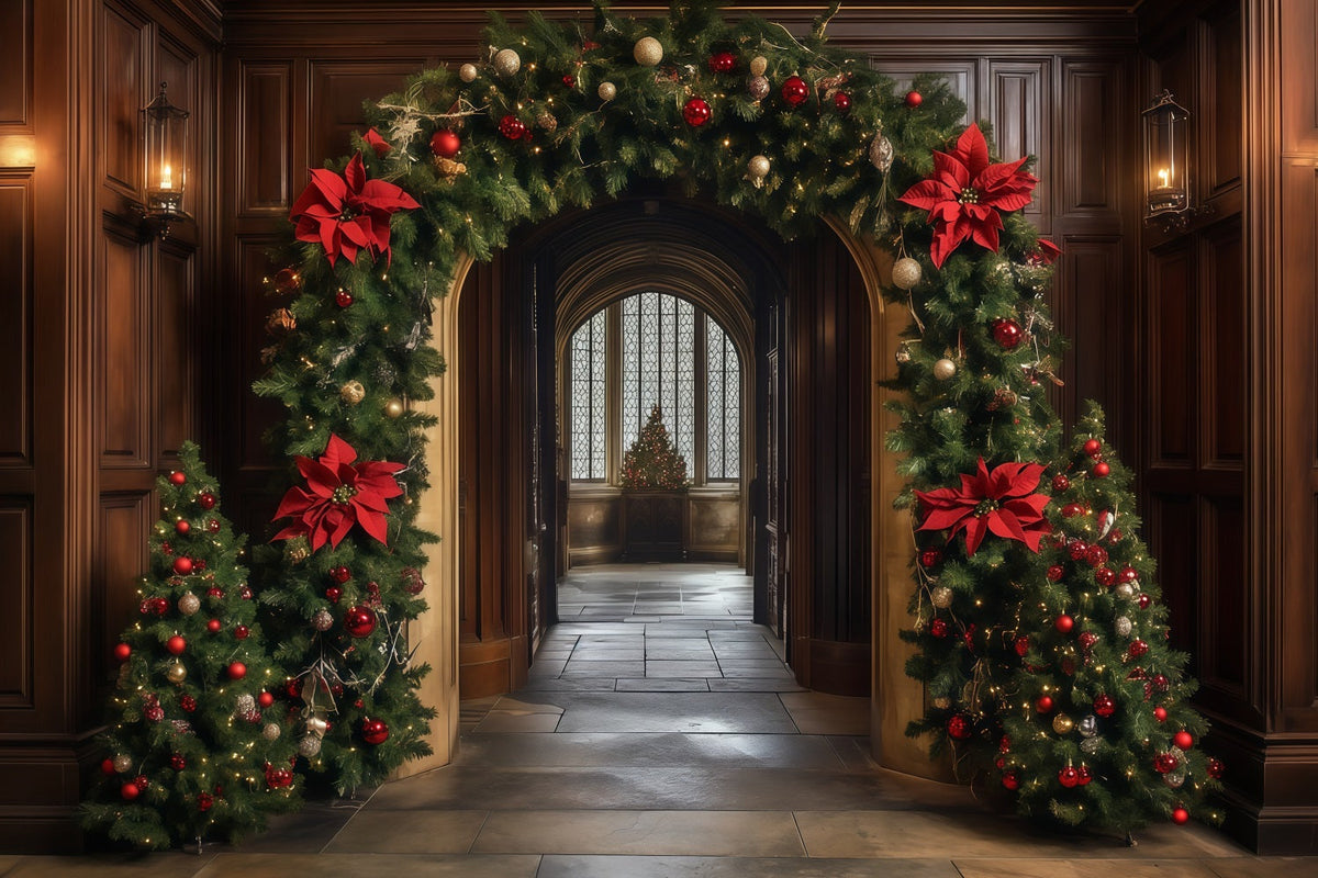 Arche De Noël En Toile De Fond Arche De Couloir Ornée D'Une Guirlande De Poinsettias Fond Mural De Noël RR68-93