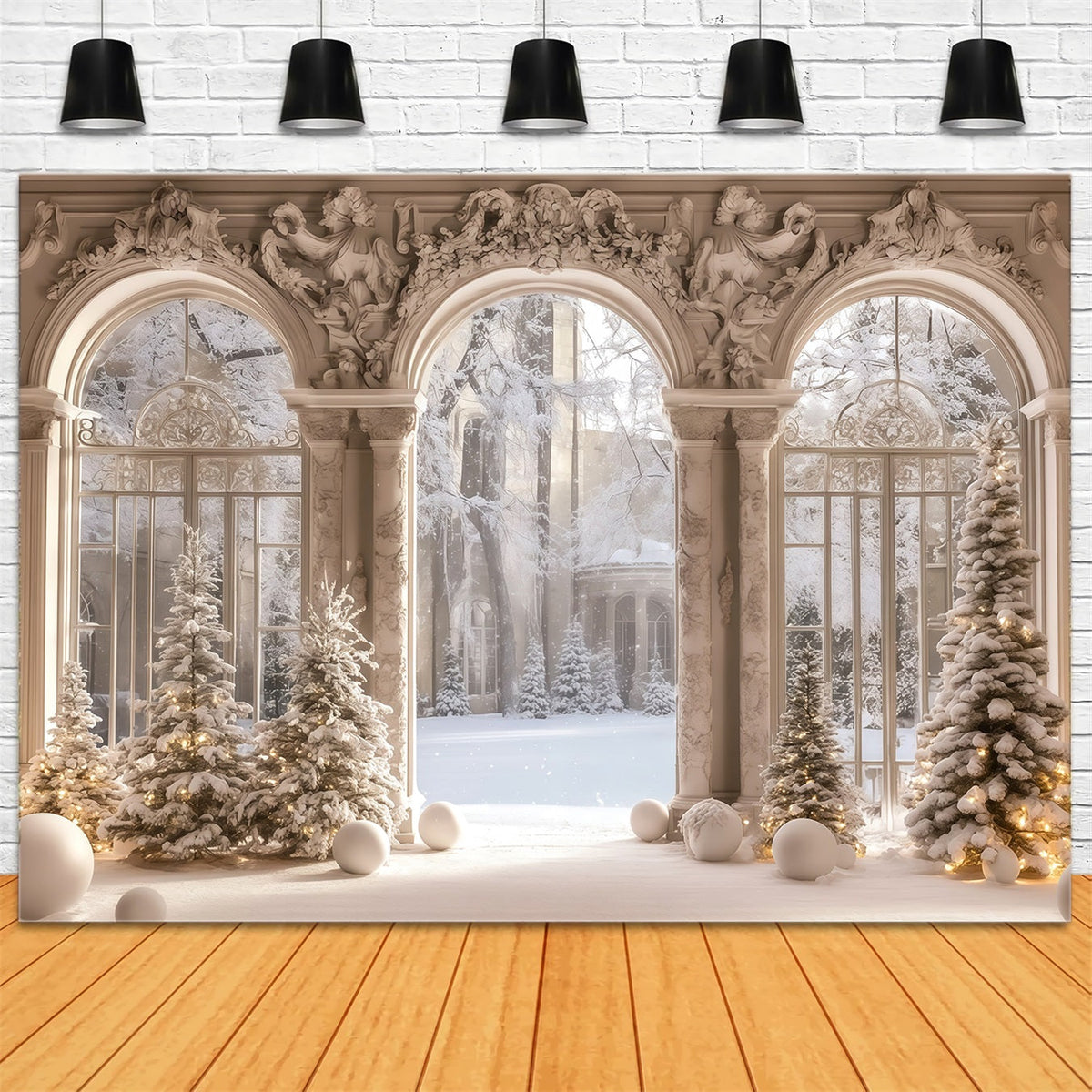 Décor De Noël Victorien Vue Depuis La Fenêtre Du Palais Enneigé Fond En Mousseline De Noël RR68-95