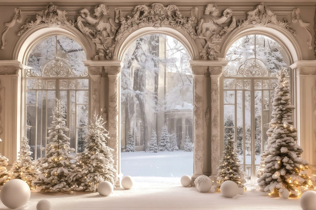 Décor De Noël Victorien Vue Depuis La Fenêtre Du Palais Enneigé Fond En Mousseline De Noël RR68-95