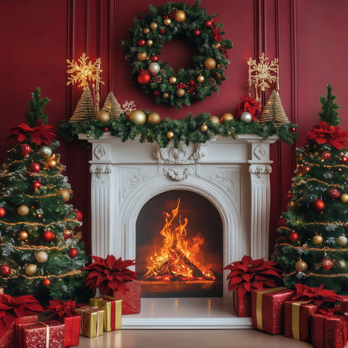 Décor De Cheminée Pour Noël Cheminée Élégante Avec Couronne Cramoisie Décors De Noël RR68-99
