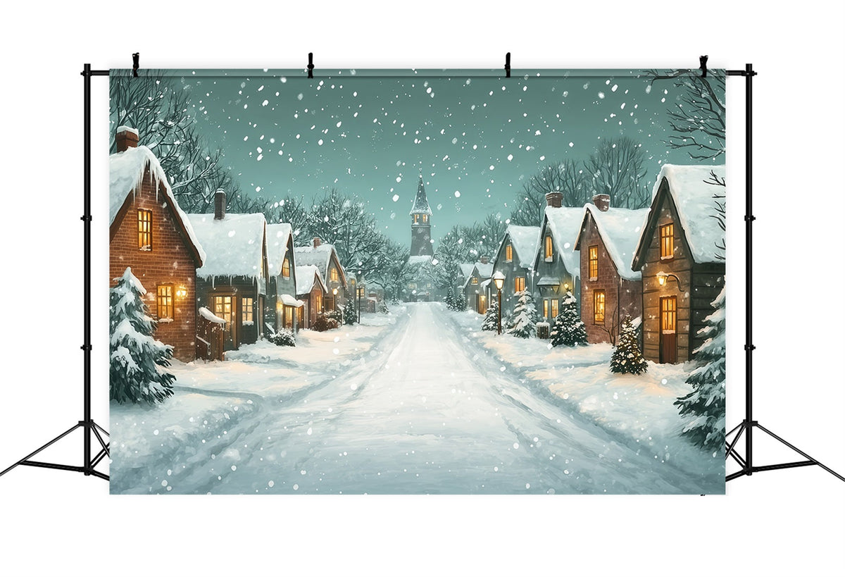 Décor De Rue De Noël Chemin De L'Église Du Village Enneigé Fond Photo De Noël RR69-100