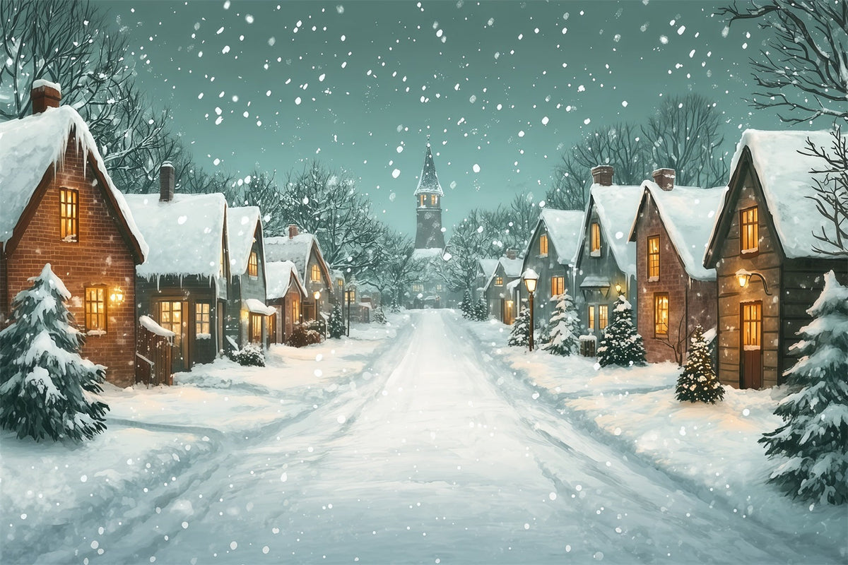 Décor De Rue De Noël Chemin De L'Église Du Village Enneigé Fond Photo De Noël RR69-100
