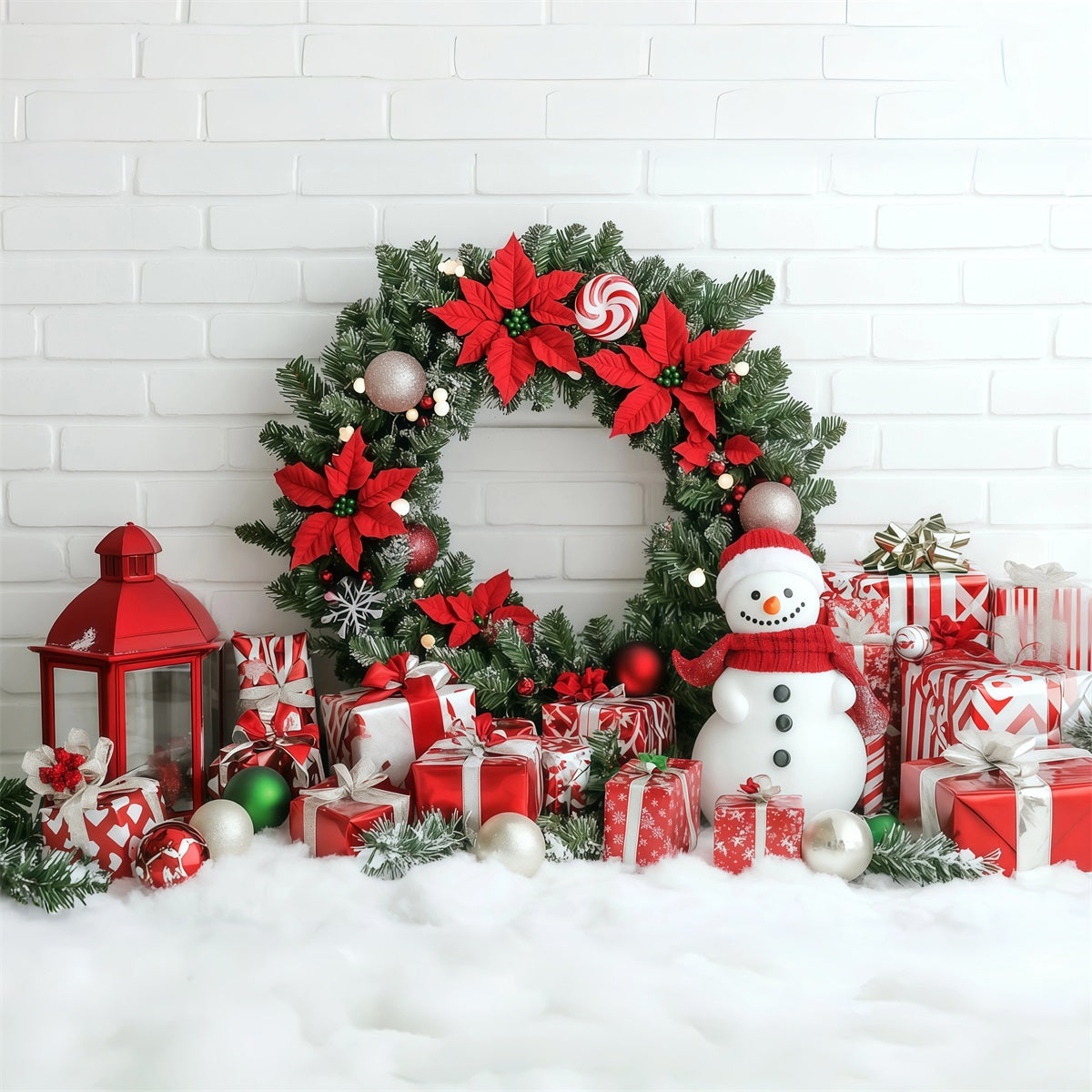 Décor Mural De Noël Couronne De Poinsettia Et Bonhomme De Neige Grandes Toiles De Fond De Noël RR69-101