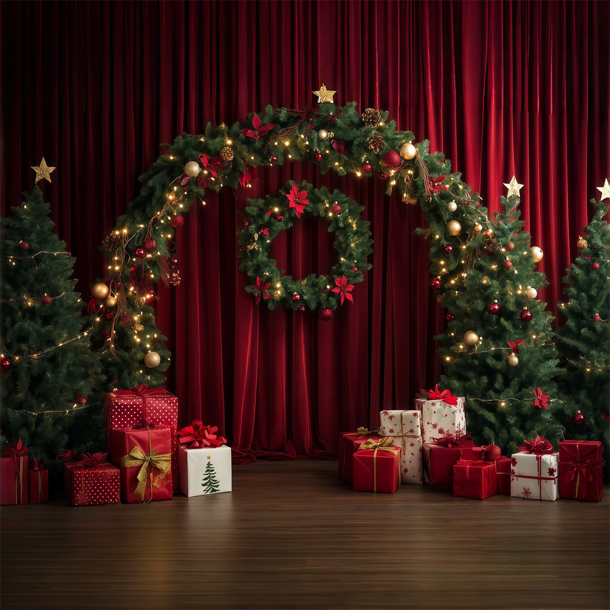 Fond Rouge De Noël Arche De Guirlande De Rideaux Grand Décor De Noël RR69-104