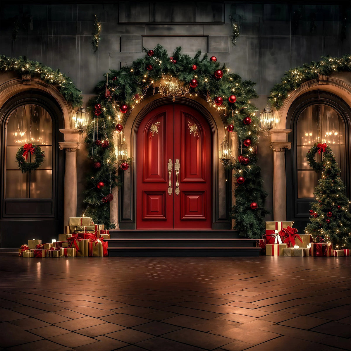 Arche De Noël En Toile De Fond Porte D'Entrée De Luxe Avec Guirlande Décors De Studio Pour Noël RR69-19