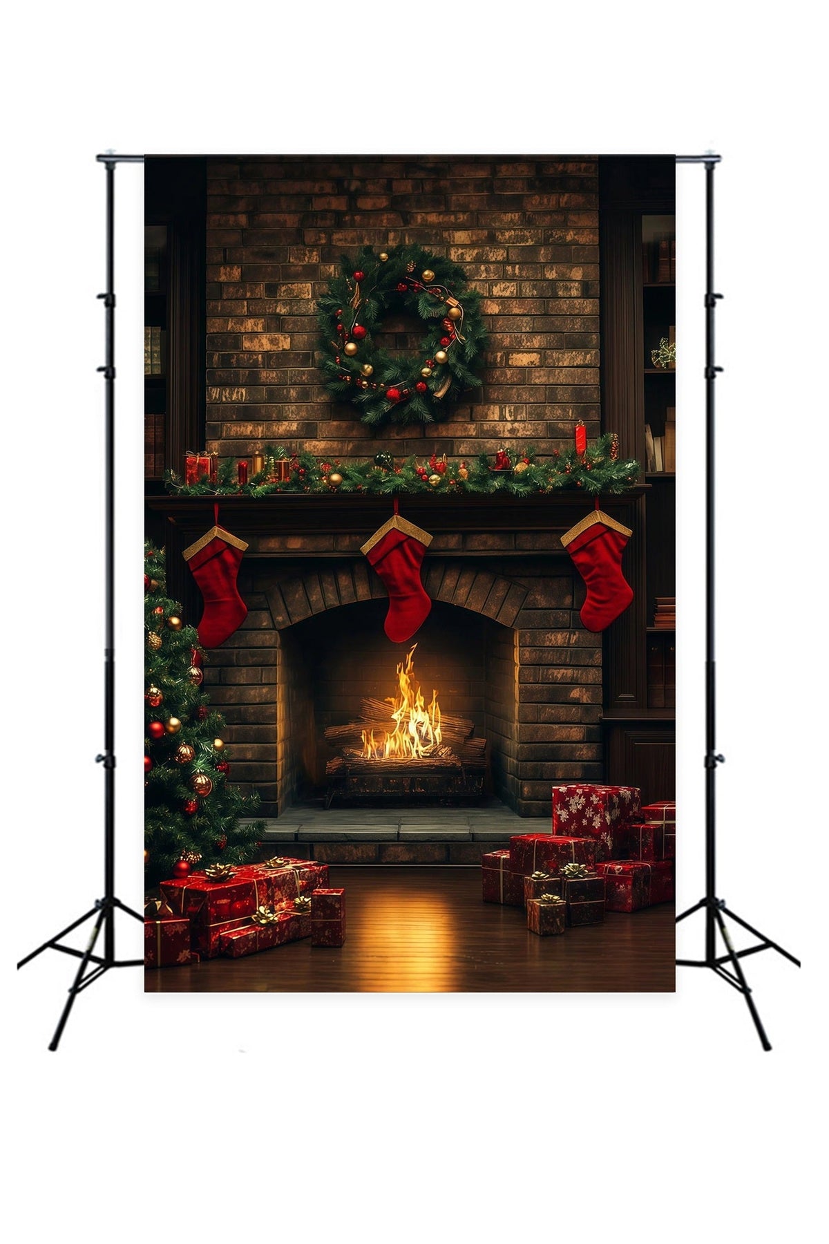 Décor De Noël Chaleureux Cheminée En Briques, Lueur Des Bas Décor De Noël Pour Studio RR69-23