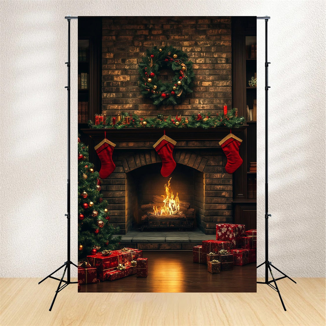Décor De Noël Chaleureux Cheminée En Briques, Lueur Des Bas Décor De Noël Pour Studio RR69-23
