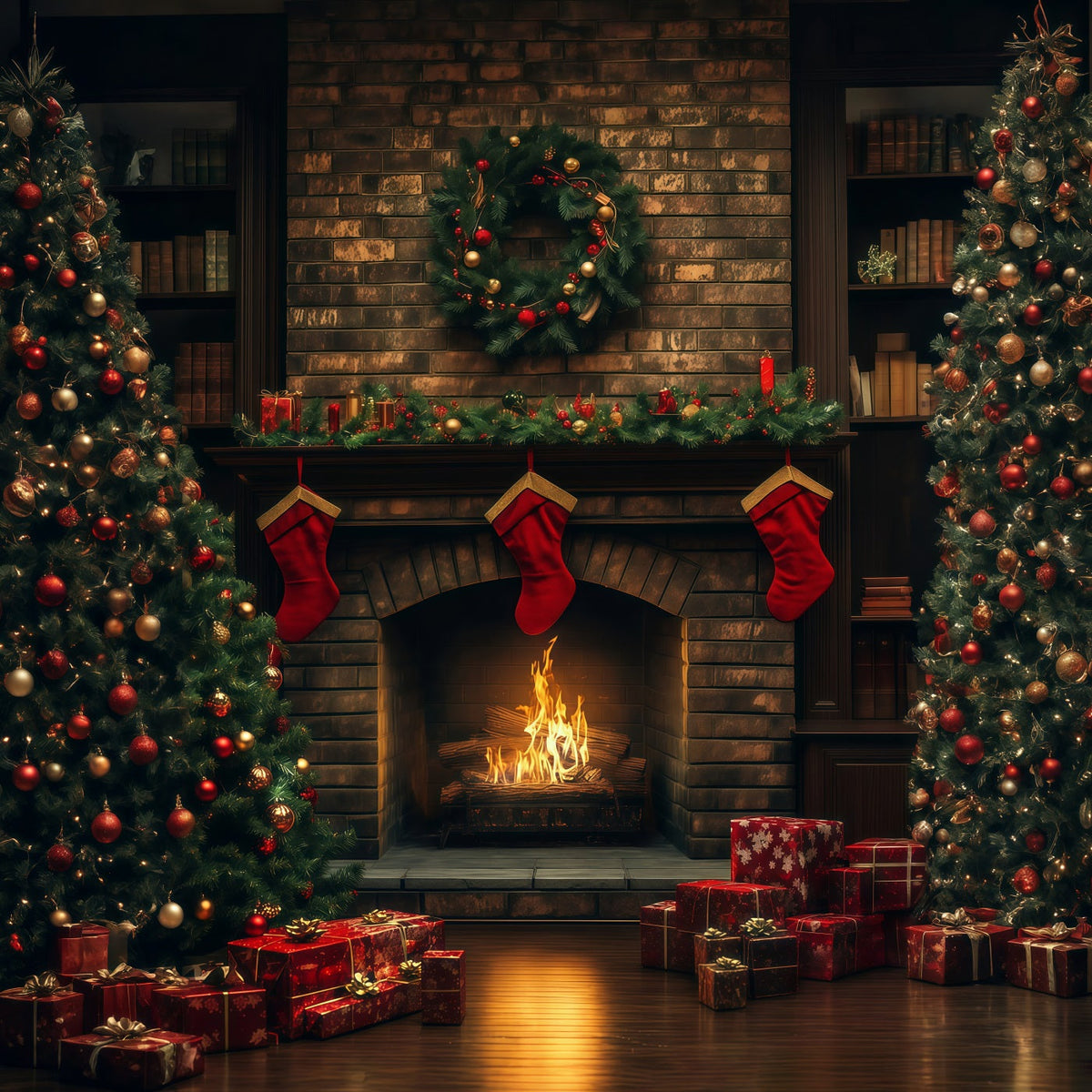 Décor De Noël Chaleureux Cheminée En Briques, Lueur Des Bas Décor De Noël Pour Studio RR69-23