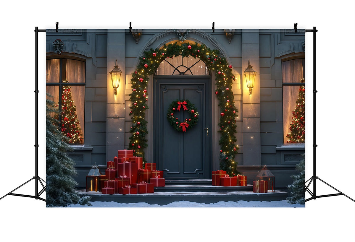 Décor De La Nuit De Noël Porte D'Entrée Élégante Ornée De Guirlandes Fond De Noël En Mousseline RR69-31