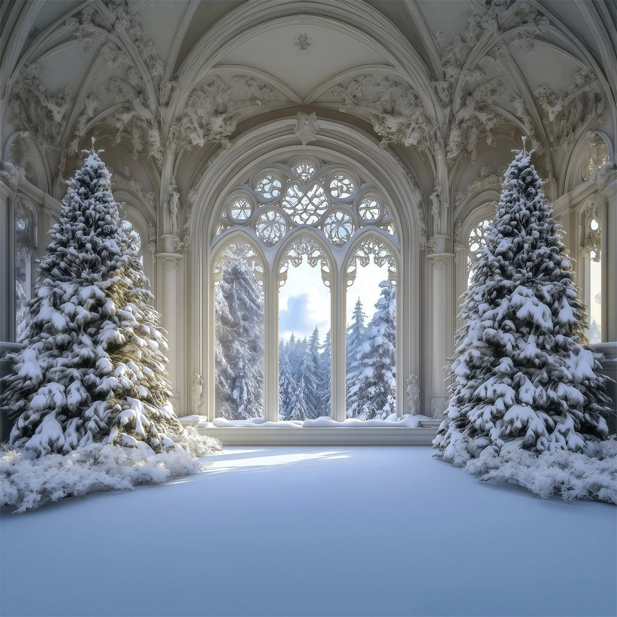 Fond De Sapin De Noël Forêt De Fenêtres Gothique Enneigée Décor De Noël RR69-35