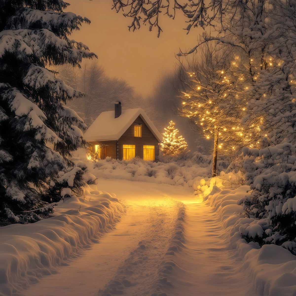 Décor De Noël D'Hiver Chemin Du Chalet Dans La Forêt Enneigée Fond Photo De Noël RR69-43
