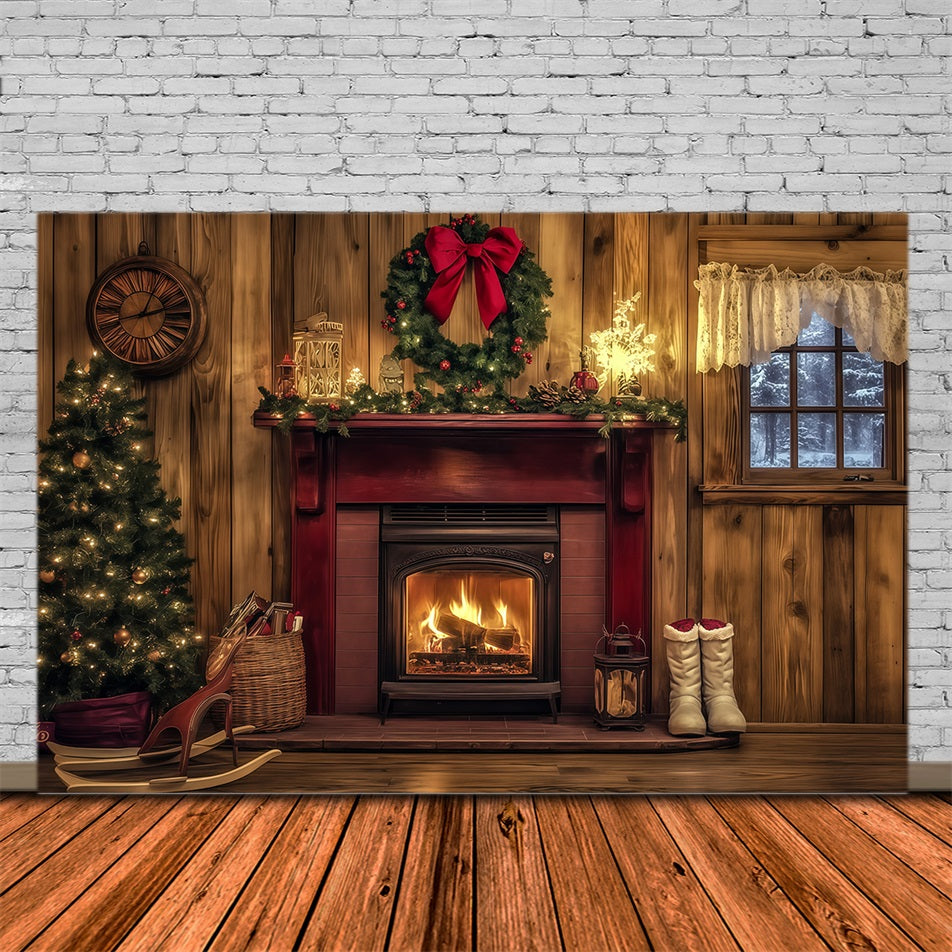 Fond De Noël En Bois Cheminée Rouge Rustique Grandes Toiles De Fond De Noël RR69-44