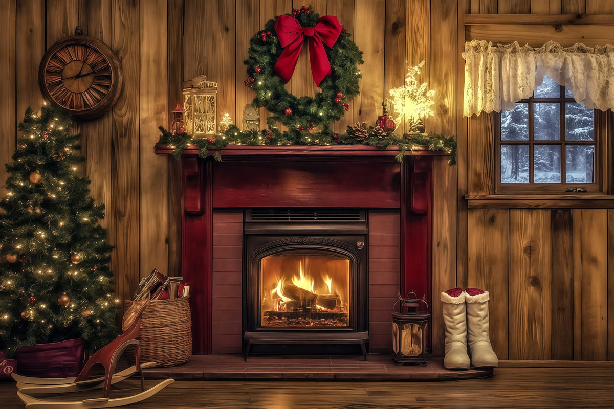 Fond De Noël En Bois Cheminée Rouge Rustique Grandes Toiles De Fond De Noël RR69-44