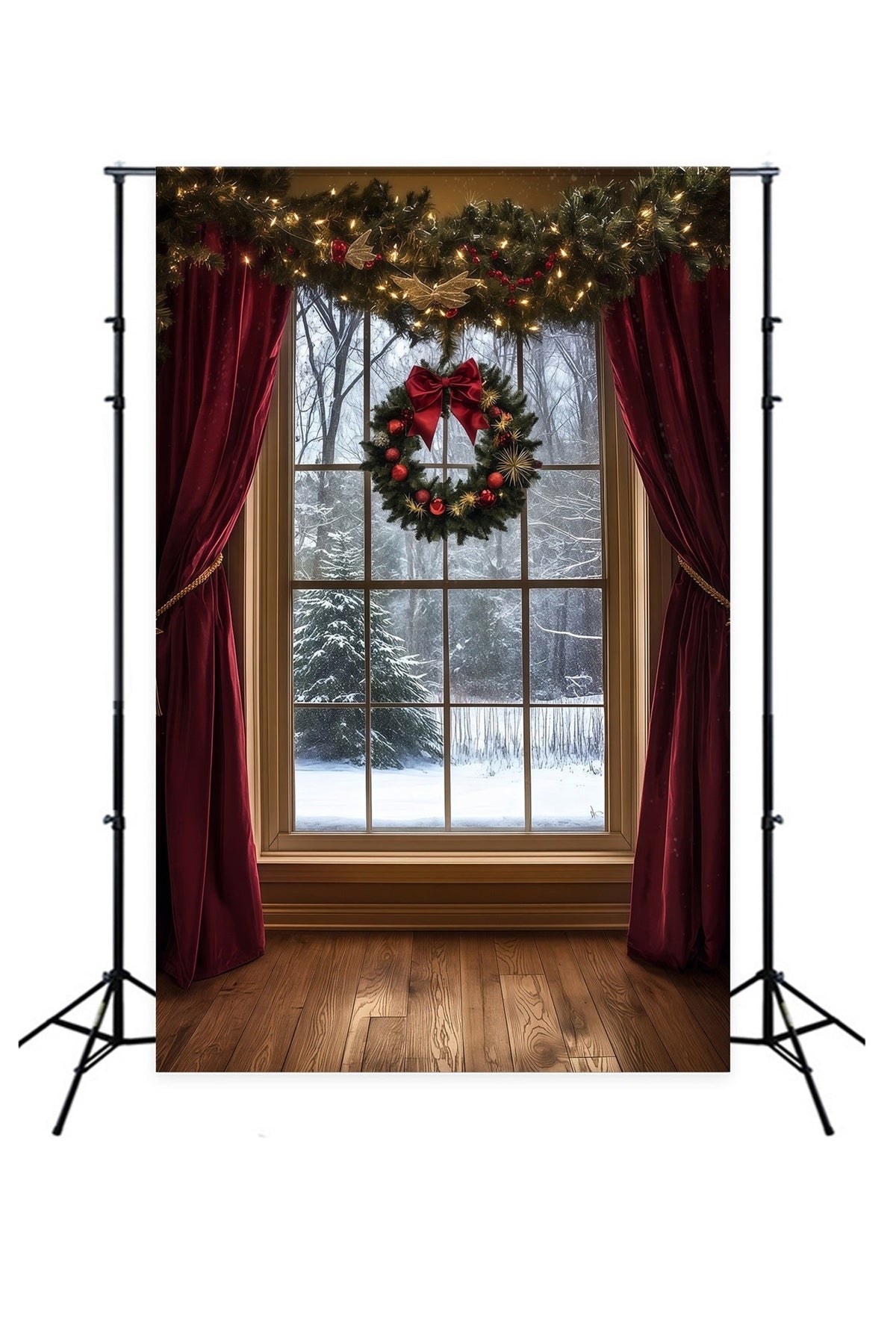 Décor De Vitrine De Noël Rideau De Velours Snowy View Décor Photographique De Noël RR69-49