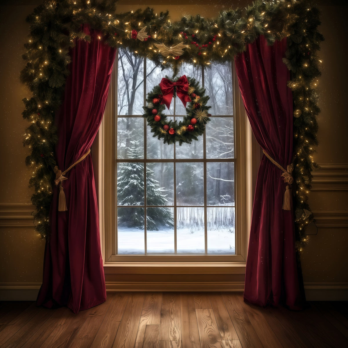 Décor De Vitrine De Noël Rideau De Velours Snowy View Décor Photographique De Noël RR69-49