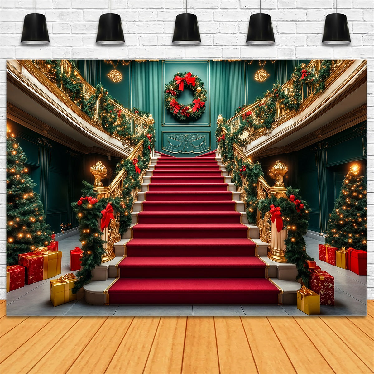 Décor De Noël Élégant Grand Escalier Avec Guirlande Entrée Décors Muraux De Noël RR69-52