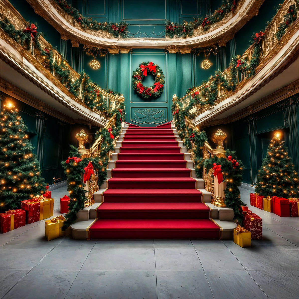 Décor De Noël Élégant Grand Escalier Avec Guirlande Entrée Décors Muraux De Noël RR69-52