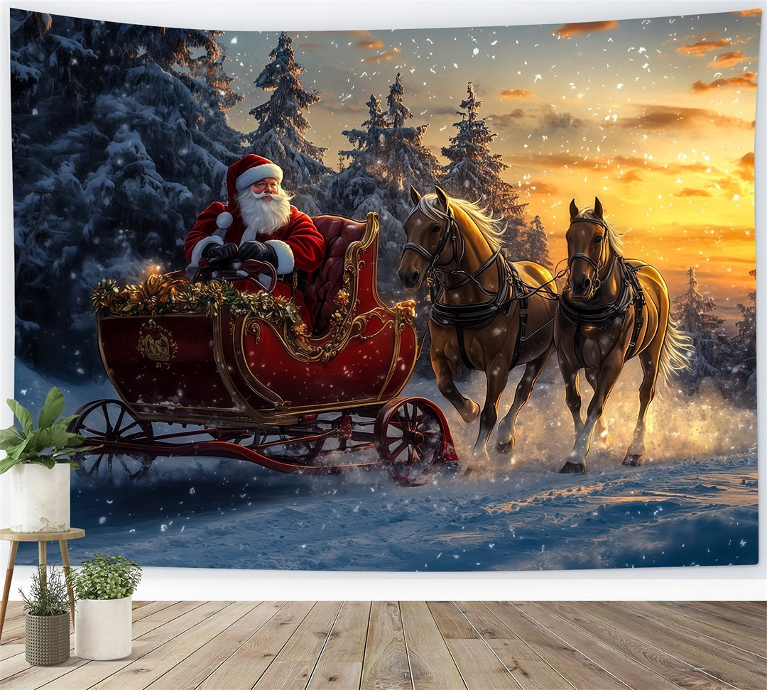Décor De Noël Avec Le Père Noël Le Traîneau Du Père Noël Dans La Forêt Enneigée Fond Photographique De Noël RR69-54