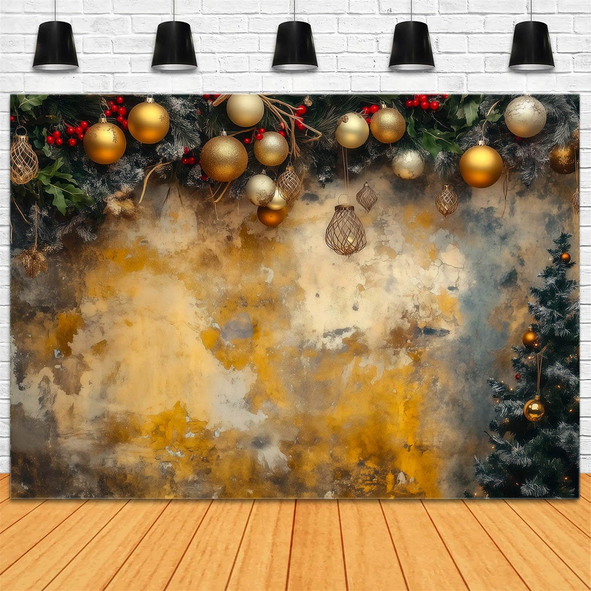 Fond De Boule De Noël Guirlande Murale D'Ornements Dorés Décors De Studio Pour Noël RR69-56