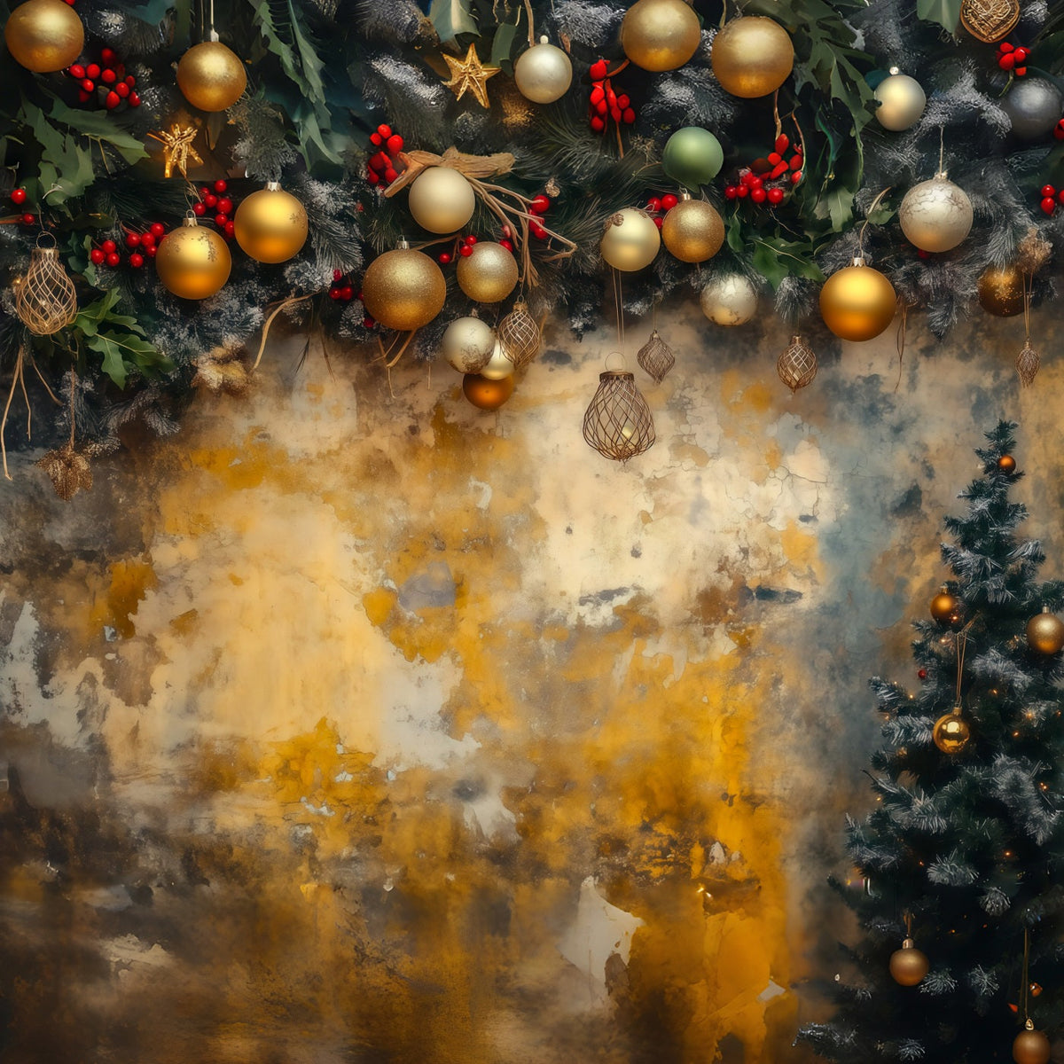 Fond De Boule De Noël Guirlande Murale D'Ornements Dorés Décors De Studio Pour Noël RR69-56