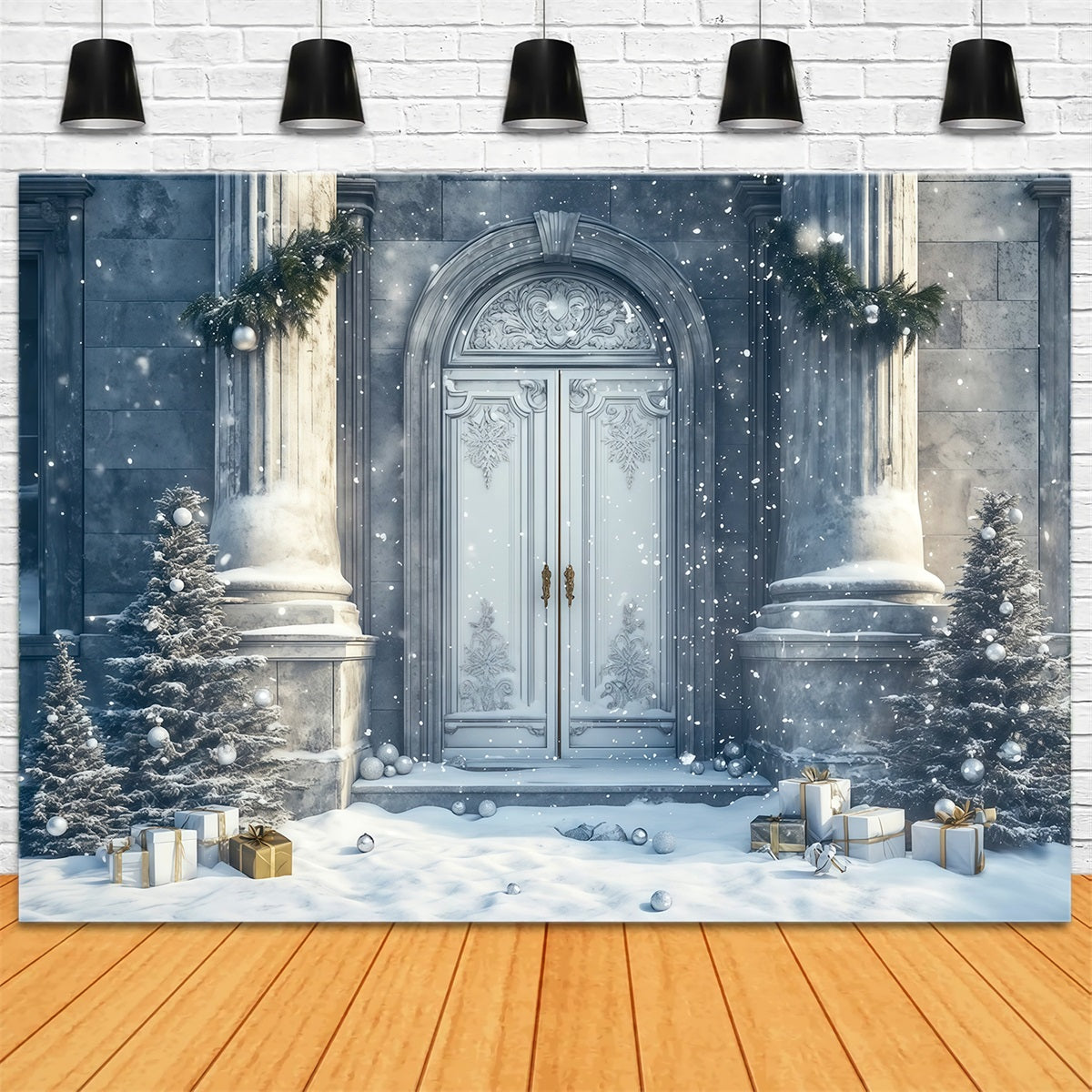 Décor De Maison De Noël Entrée Du Palais Enneigé Fond Photo De Noël RR69-57