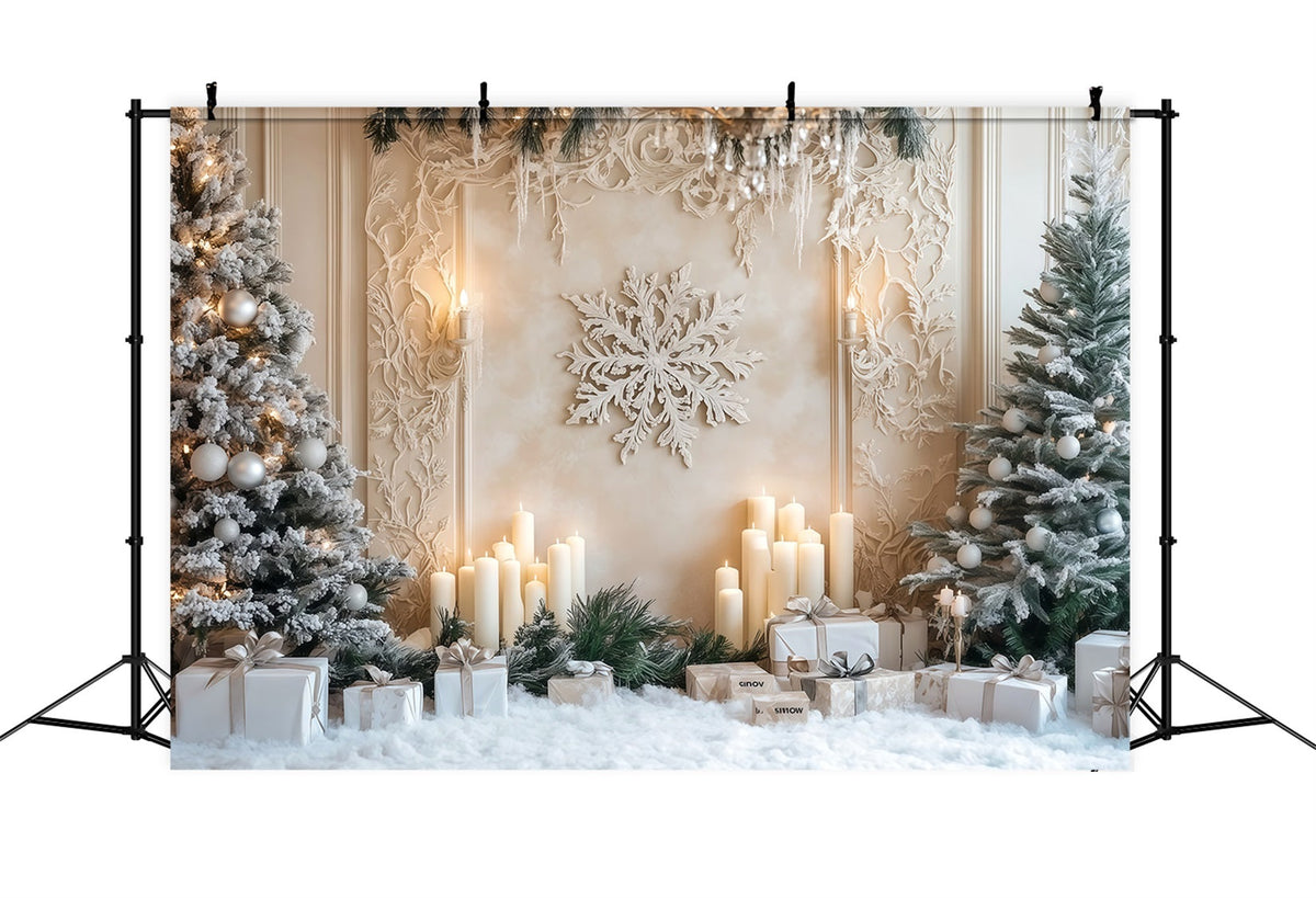 Fond De Sapin De Noël Blanc Mur De Flocons De Neige Givré Avec Bougie Fond Photo De Noël RR69-6