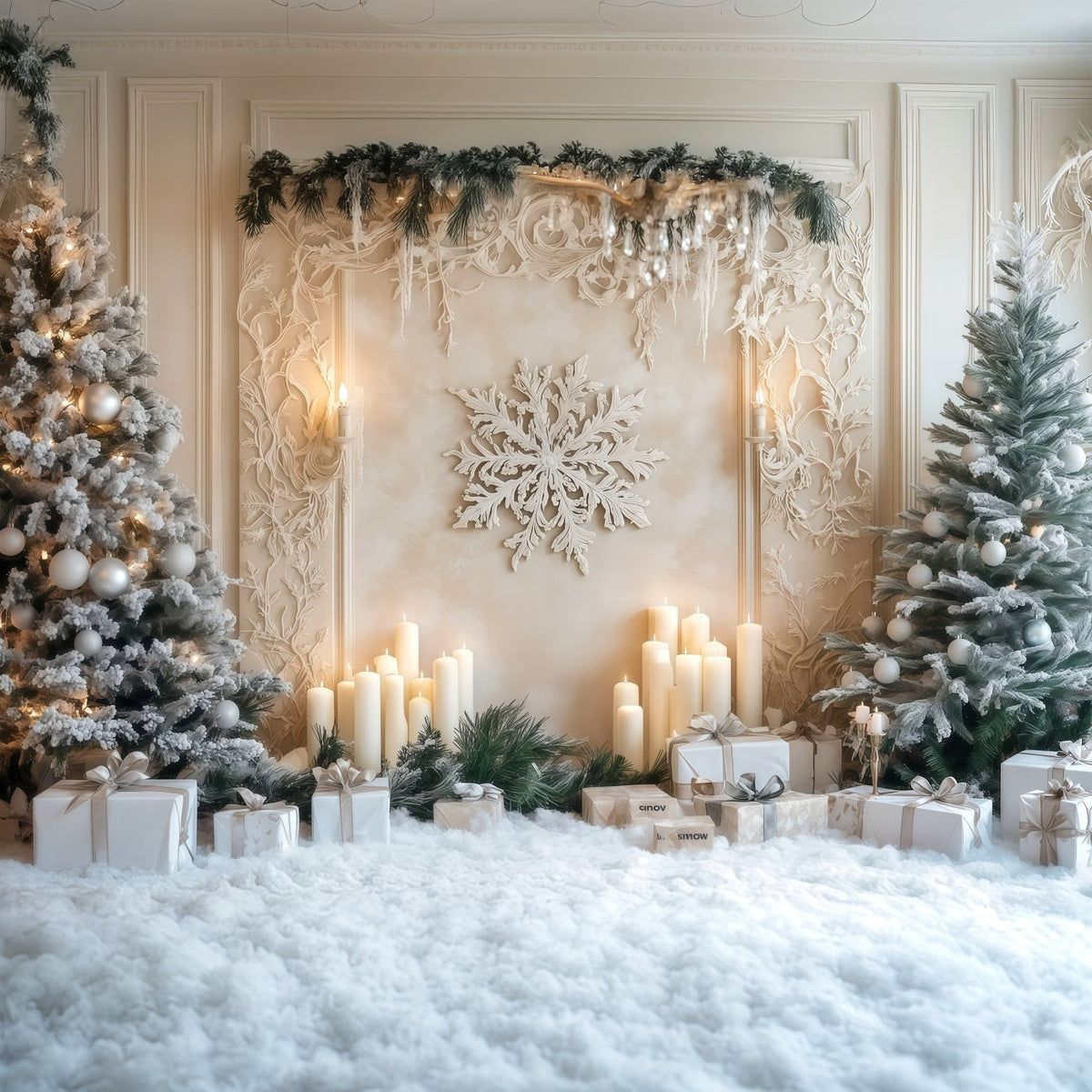 Fond De Sapin De Noël Blanc Mur De Flocons De Neige Givré Avec Bougie Fond Photo De Noël RR69-6