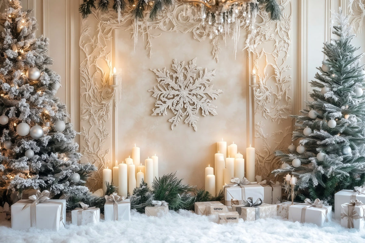 Fond De Sapin De Noël Blanc Mur De Flocons De Neige Givré Avec Bougie Fond Photo De Noël RR69-6