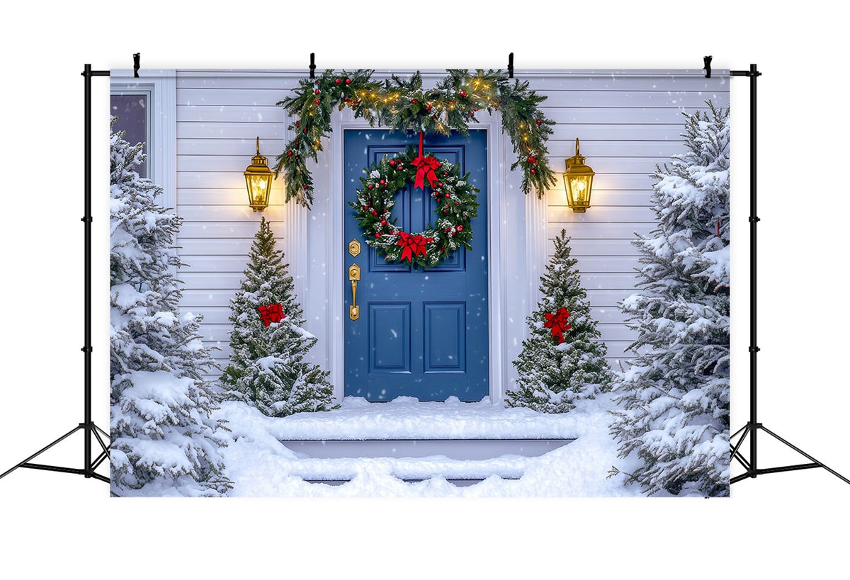 Décor De Maison De Noël Couronne De Porte Bleue Fond Photo De Noël RR69-63