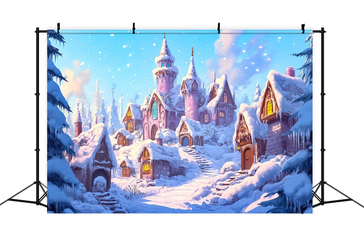 Fond De Noël Rose Château Du Village Enneigé Grandes Toiles De Fond De Noël RR69-64