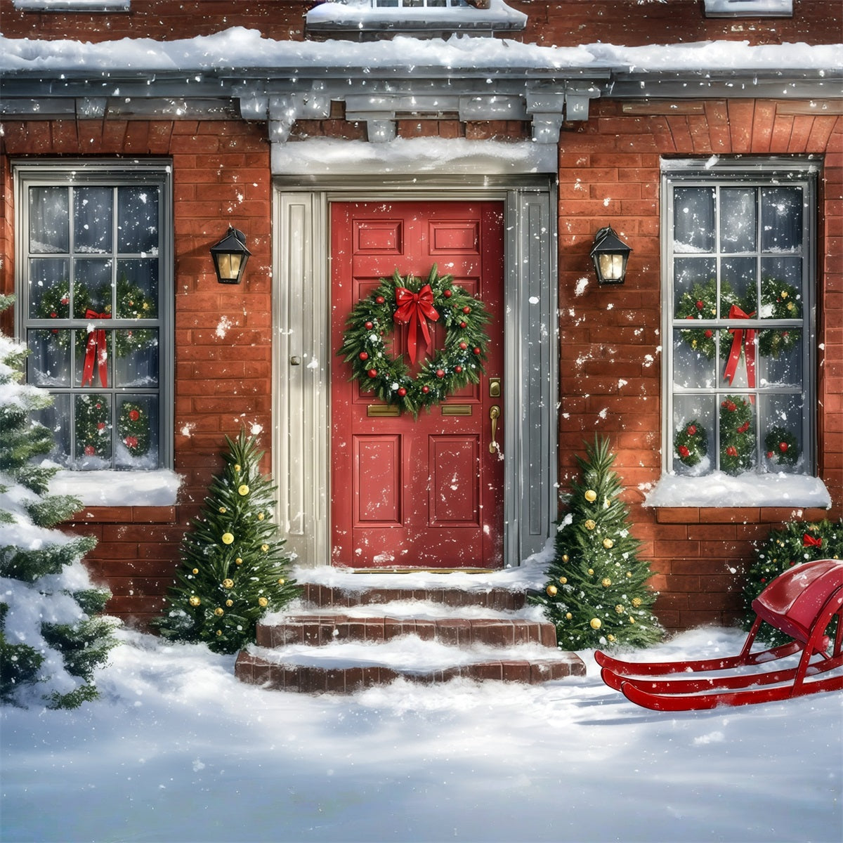 Décor De Maison De Noël Traîneau À La Porte Rouge Enneigée Décors Muraux De Noël RR69-72