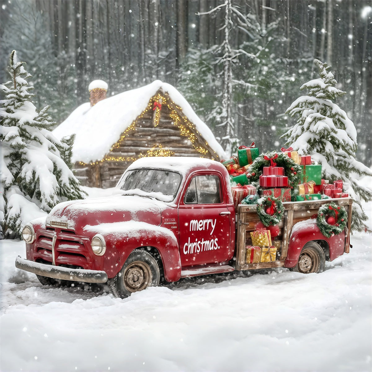 Fond De Camion De Noël Voiture De Cadeaux De La Forêt Enneigée Décors De Studio Pour Noël RR69-76