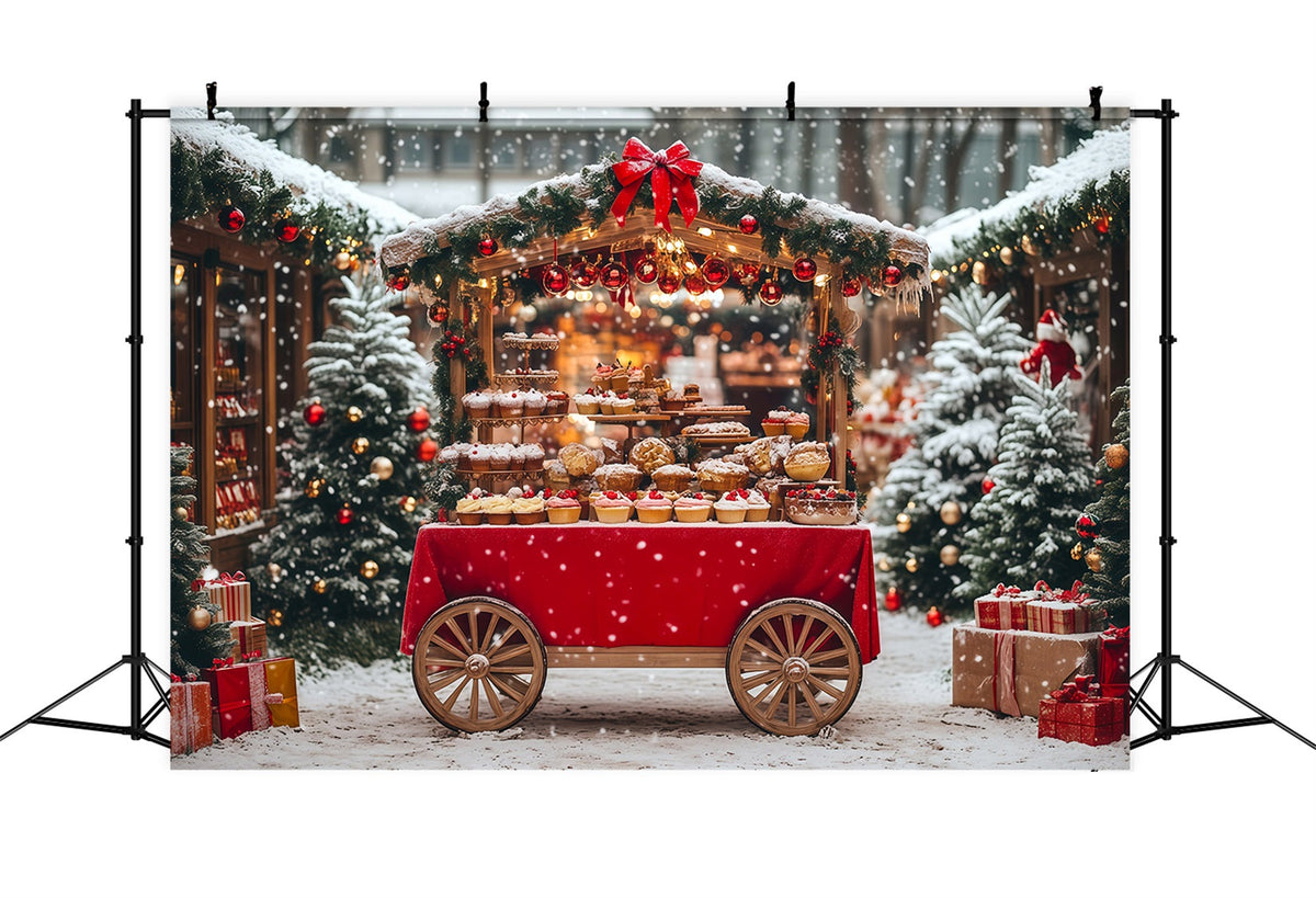 Décor De Noël Enneigé Marché Ambulant De Desserts Enneigés Fond Photo De Noël RR69-77