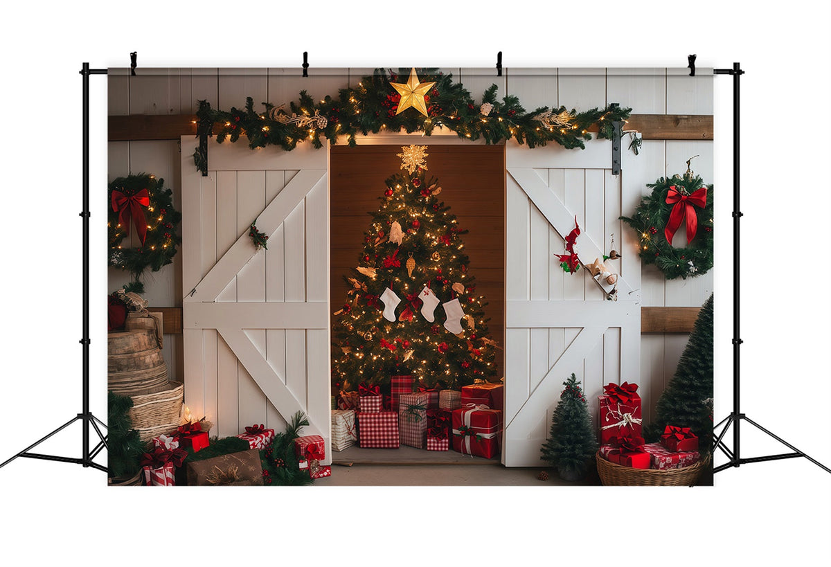 Décor De Porte De Grange De Noël Arbre De Grange Rustique Fond De Noël Professionnel RR69-86