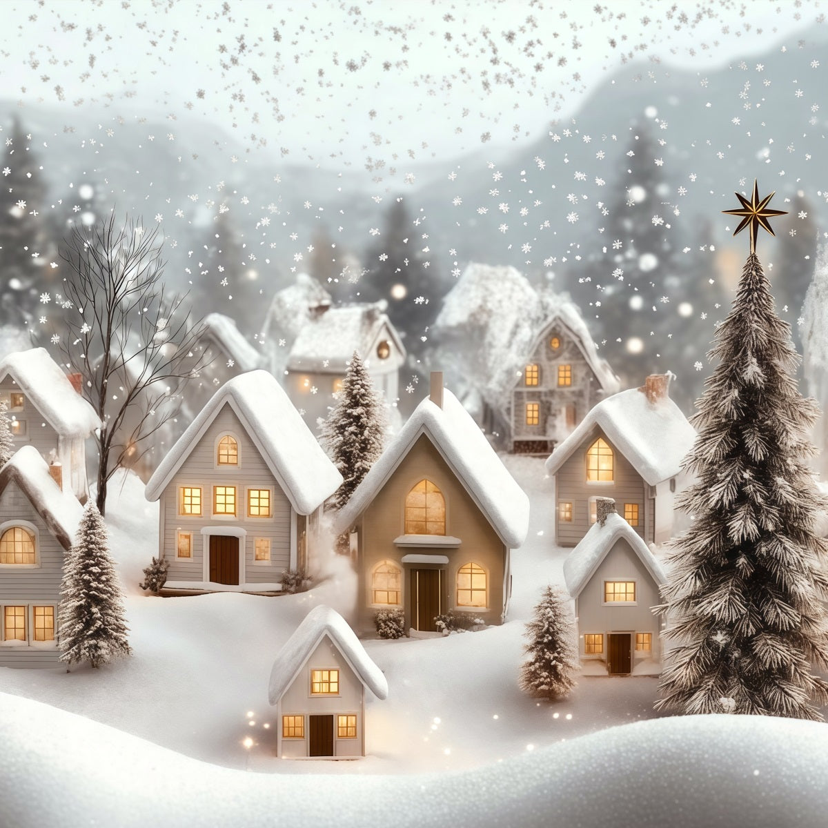 Décor De Noël D'Hiver Lueur De Neige Dans Le Village Fond En Mousseline De Noël RR69-89