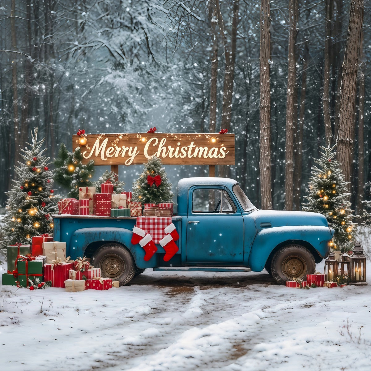 Forêt De Noël En Toile De Fond Camion Cadeau Vintage Bleu Décors Photographiques De Noël RR69-90