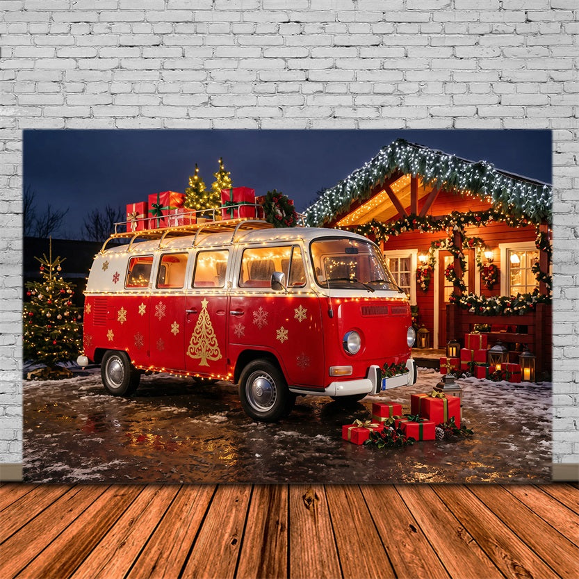 Décor Photographique De Camping-Car De Noël Cabine Confortable En Camionnette Rouge Décors Photo De Noël RR69-95