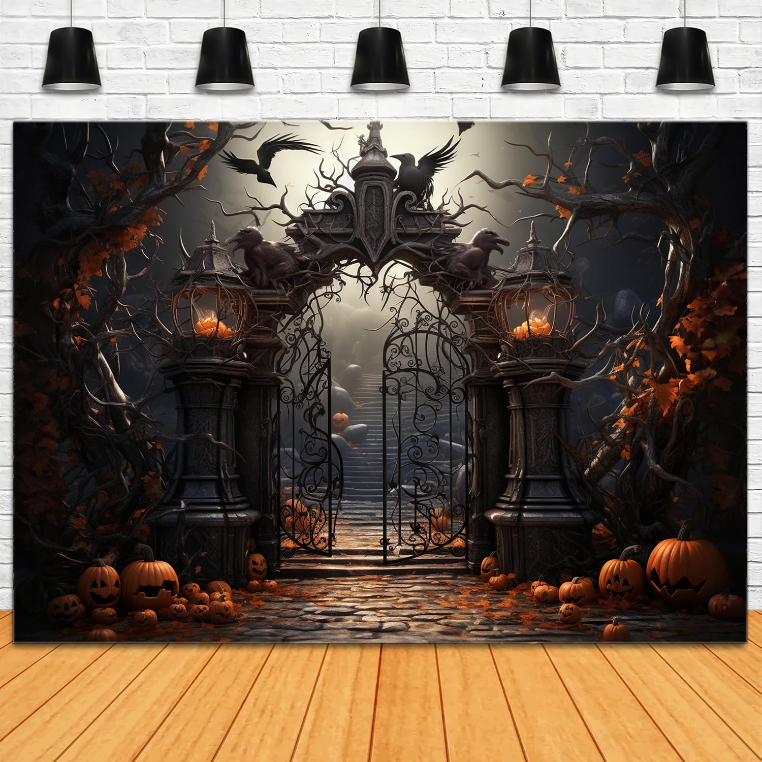 Toile de Fond de Citrouilles de Portail de Cimetière d'Halloween RR7-107