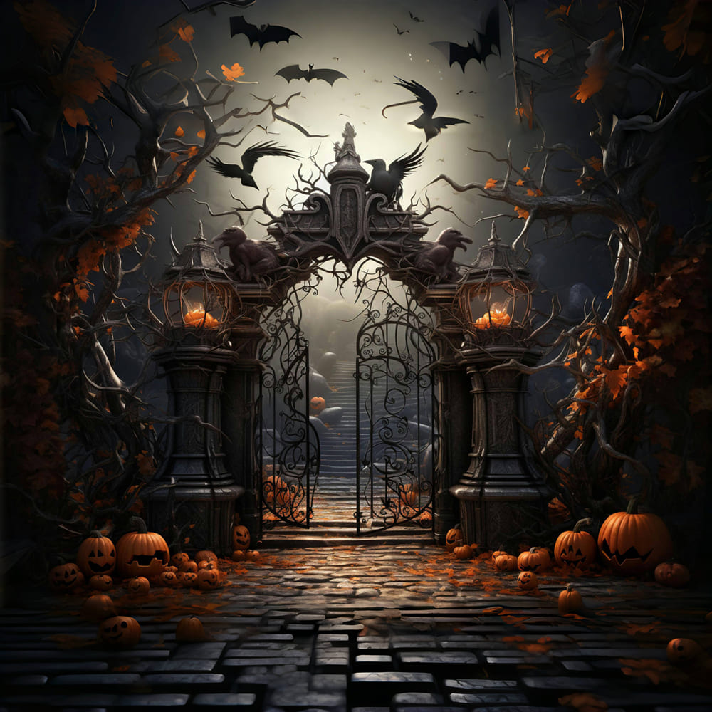 Toile de Fond de Citrouilles de Portail de Cimetière d'Halloween RR7-107