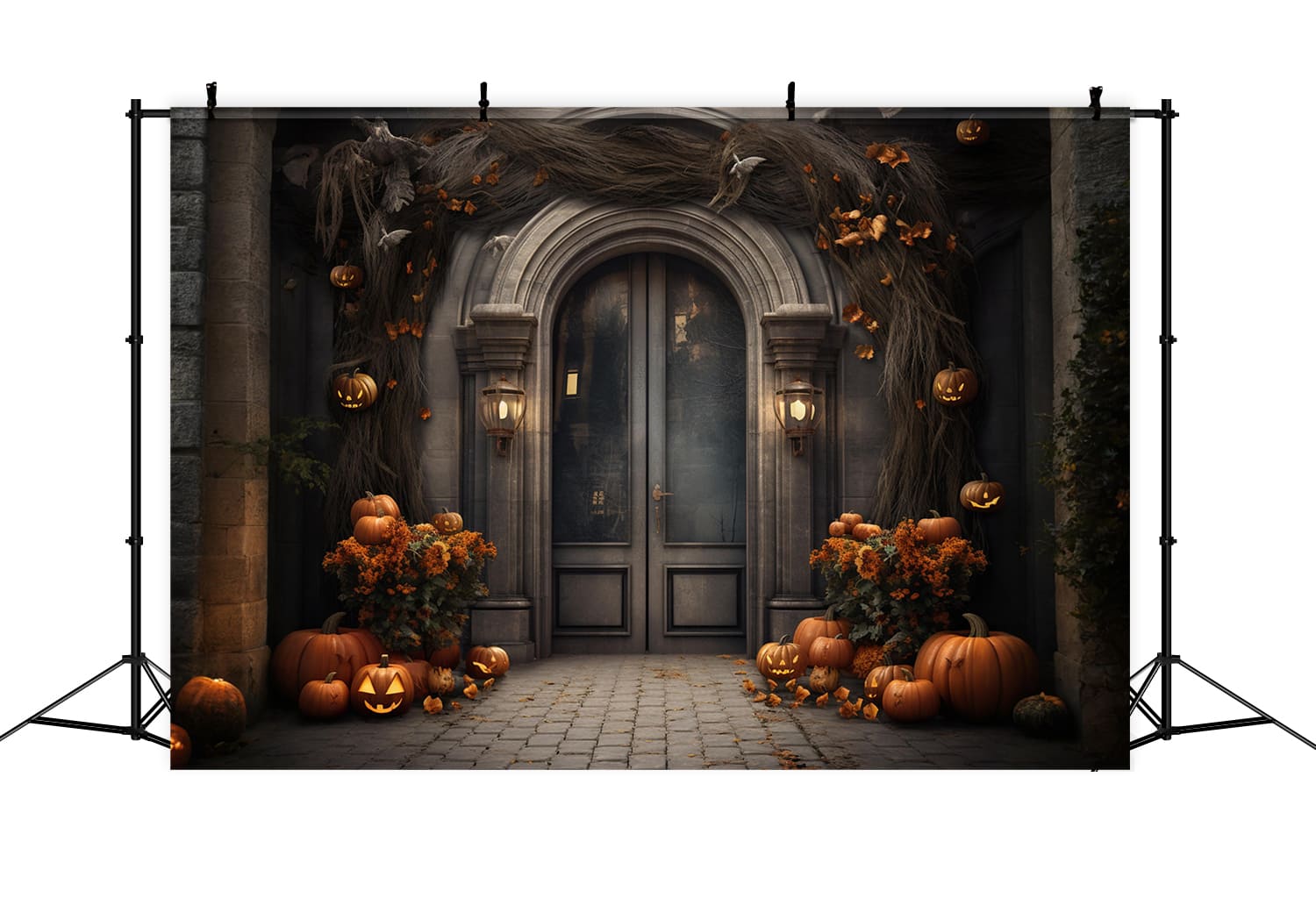 Toile de Fond de Citrouilles de Porte d'Entrée de Manoir d'Halloween RR7-113