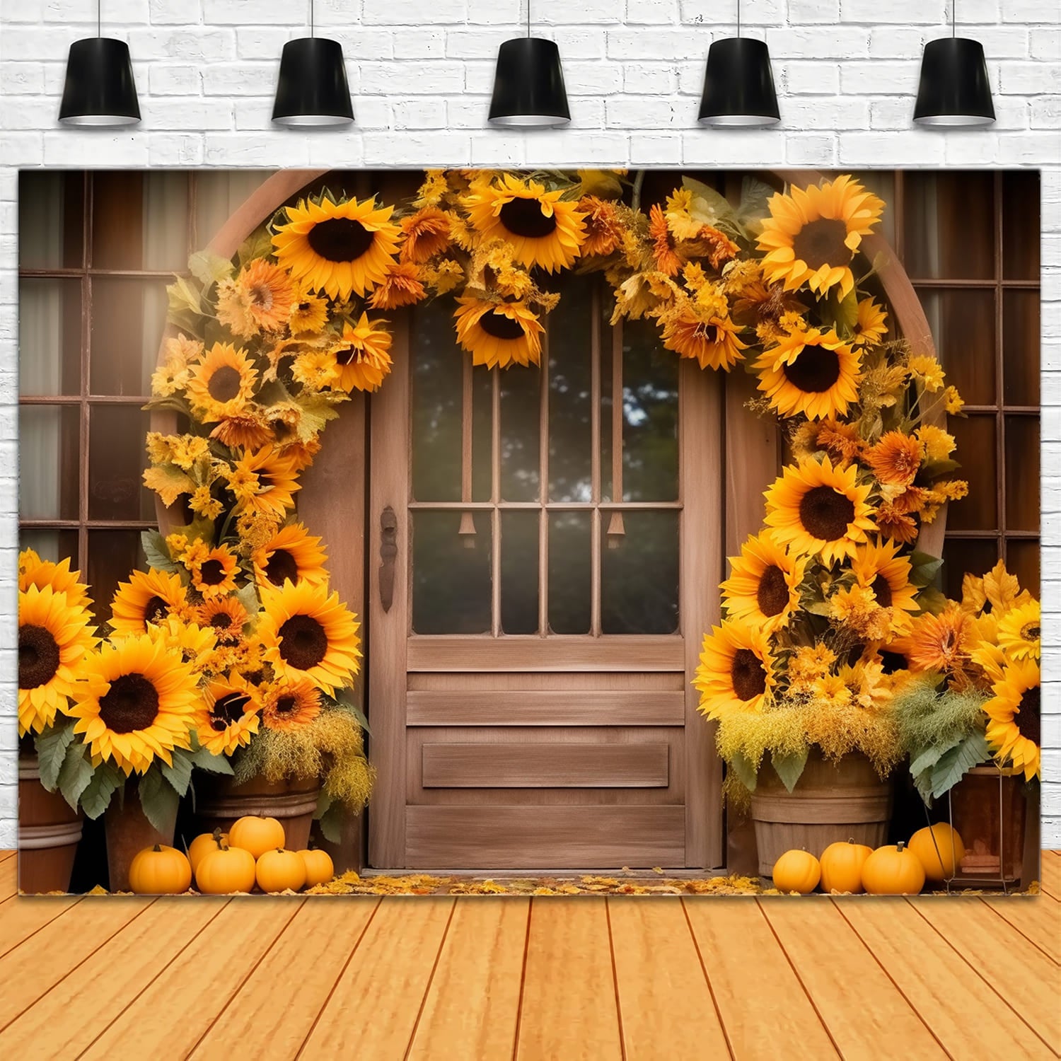 Toile de Fond de Porte de Grange avec Couronne de Tournesols d'Automne RR7-125