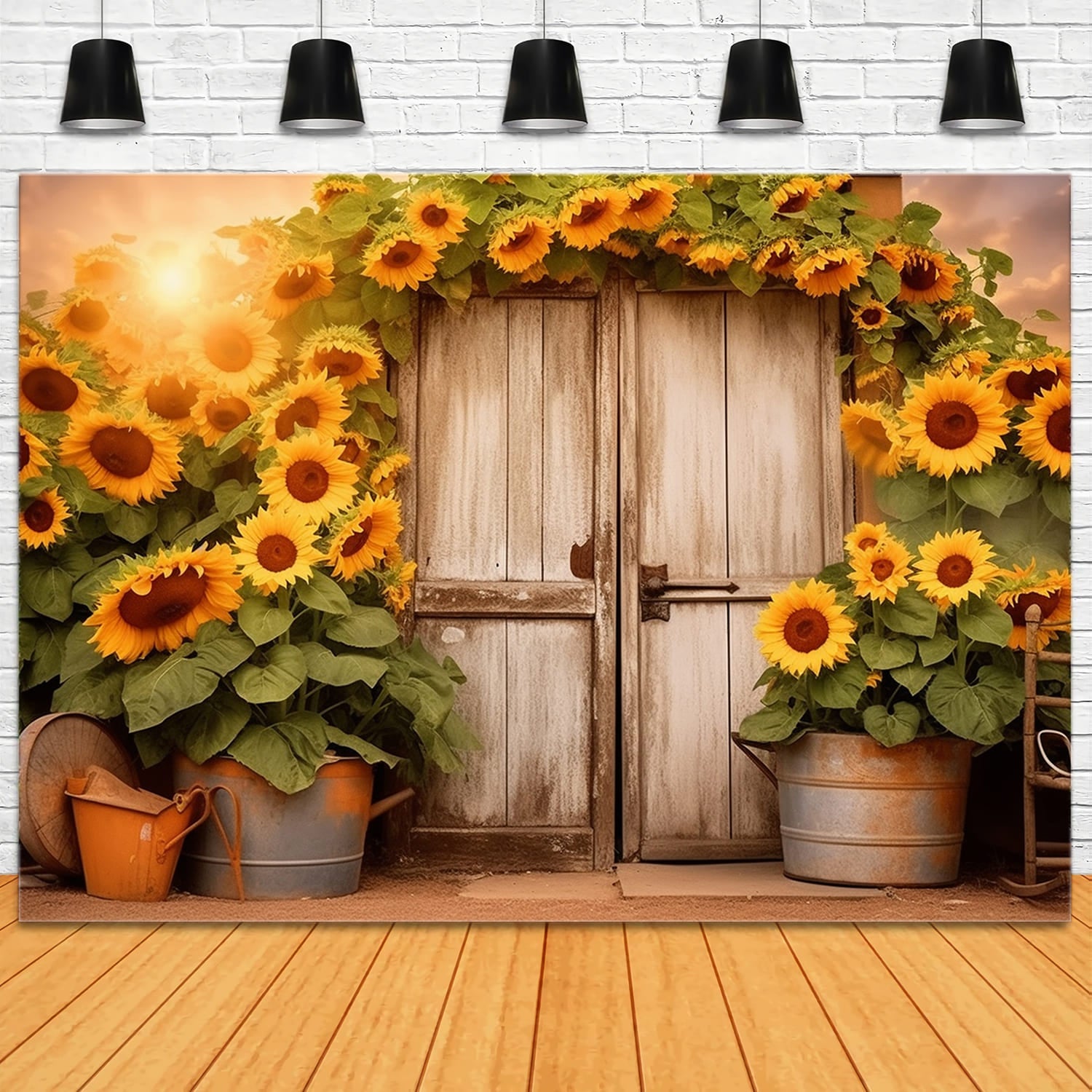 Toile de Fond de Porte en Bois avec Couronne de Tournesols d'Automne RR7-139