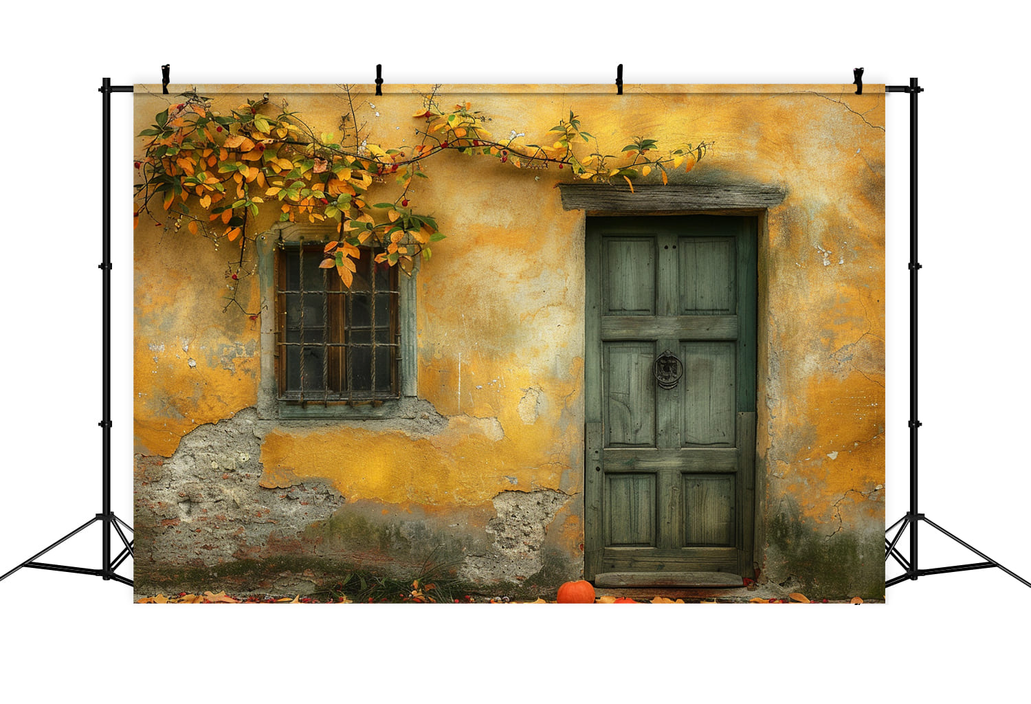 Toile de Fond de Mur en Ruines avec Porte en Bois d'Automne RR7-147