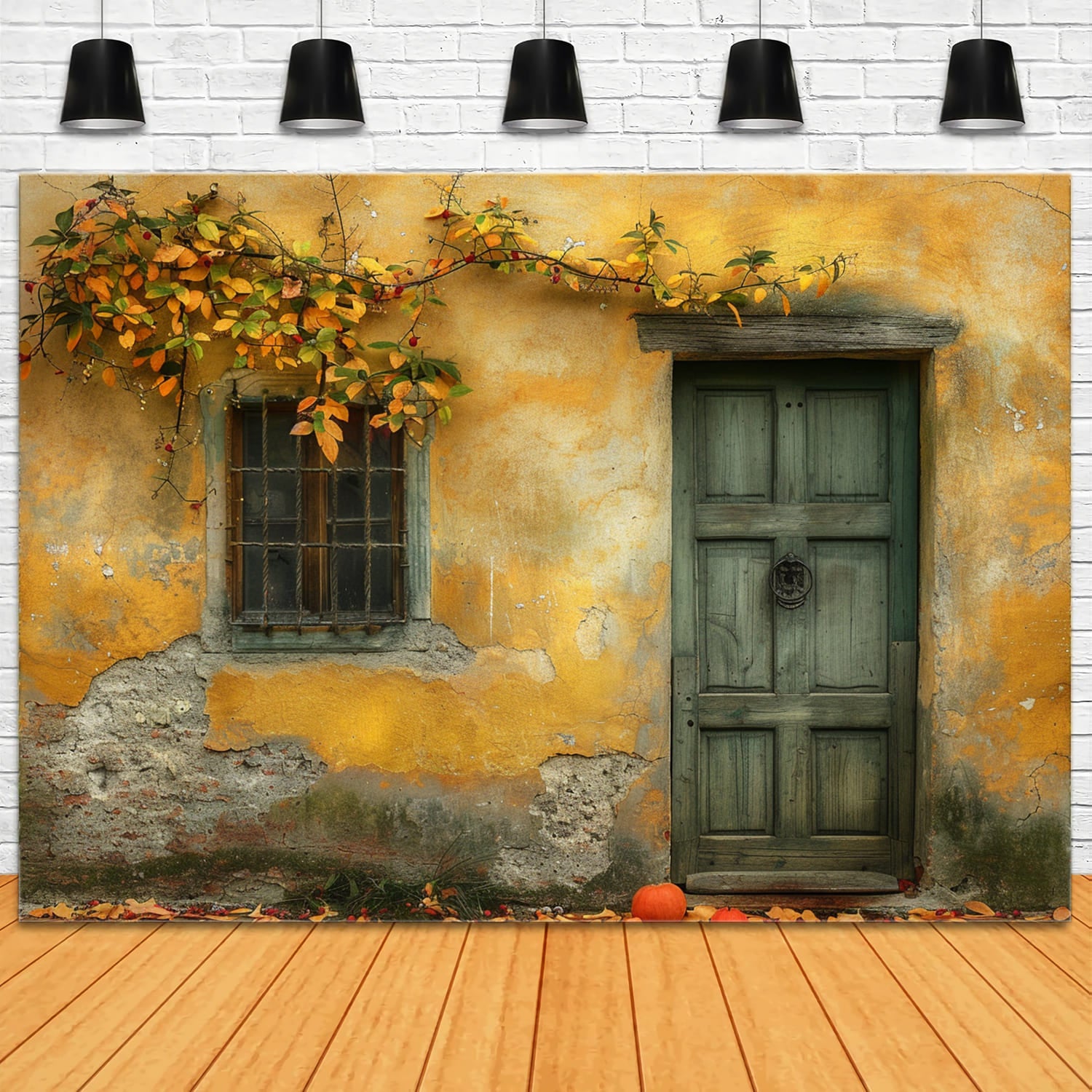 Toile de Fond de Mur en Ruines avec Porte en Bois d'Automne RR7-147