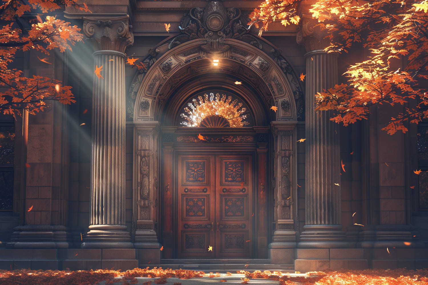 Toile de Fond de Porte de Manoir avec Feuilles d'Érable d'Automne RR7-148